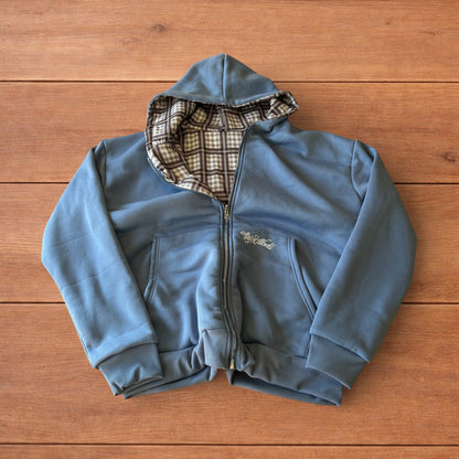 Oversized baggy reversible zip up hoodie jumper in checkered navy blue