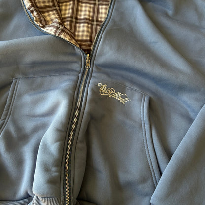 Oversized baggy reversible zip up hoodie jumper in checkered navy blue