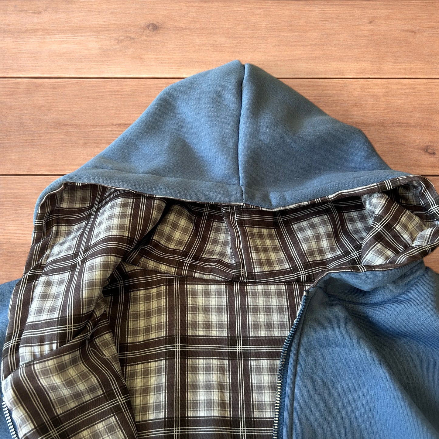 Oversized baggy reversible zip up hoodie jumper in checkered navy blue