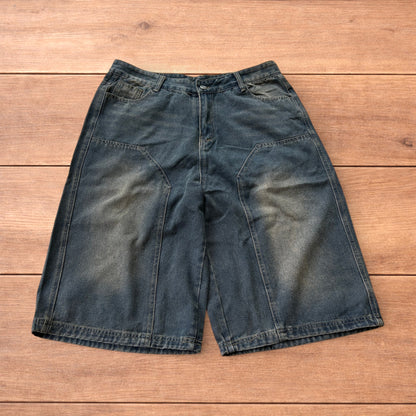 Incredible super baggy wide leg denim carpenter shorts jorts in dark blue wash.