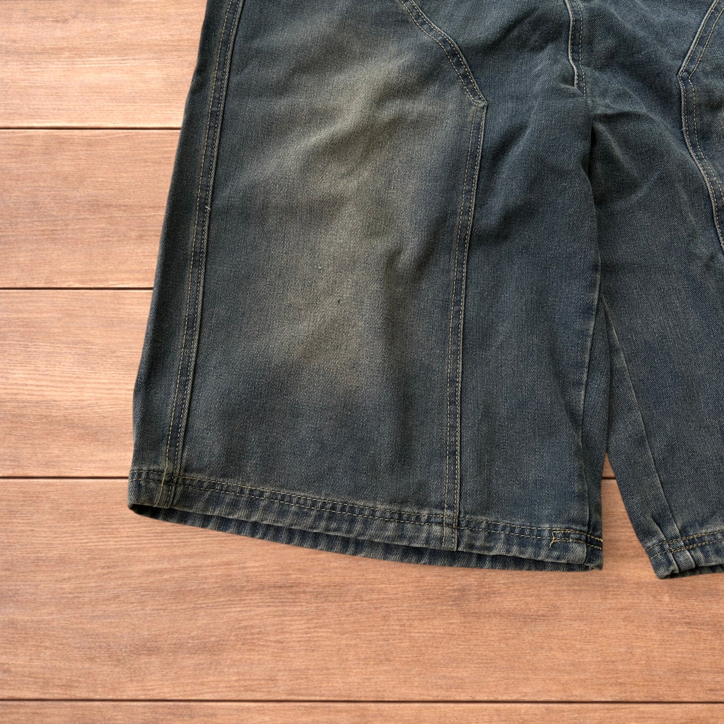 Incredible super baggy wide leg denim carpenter shorts jorts in dark blue wash.