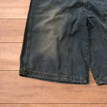 Incredible super baggy wide leg denim carpenter shorts jorts in dark blue wash.