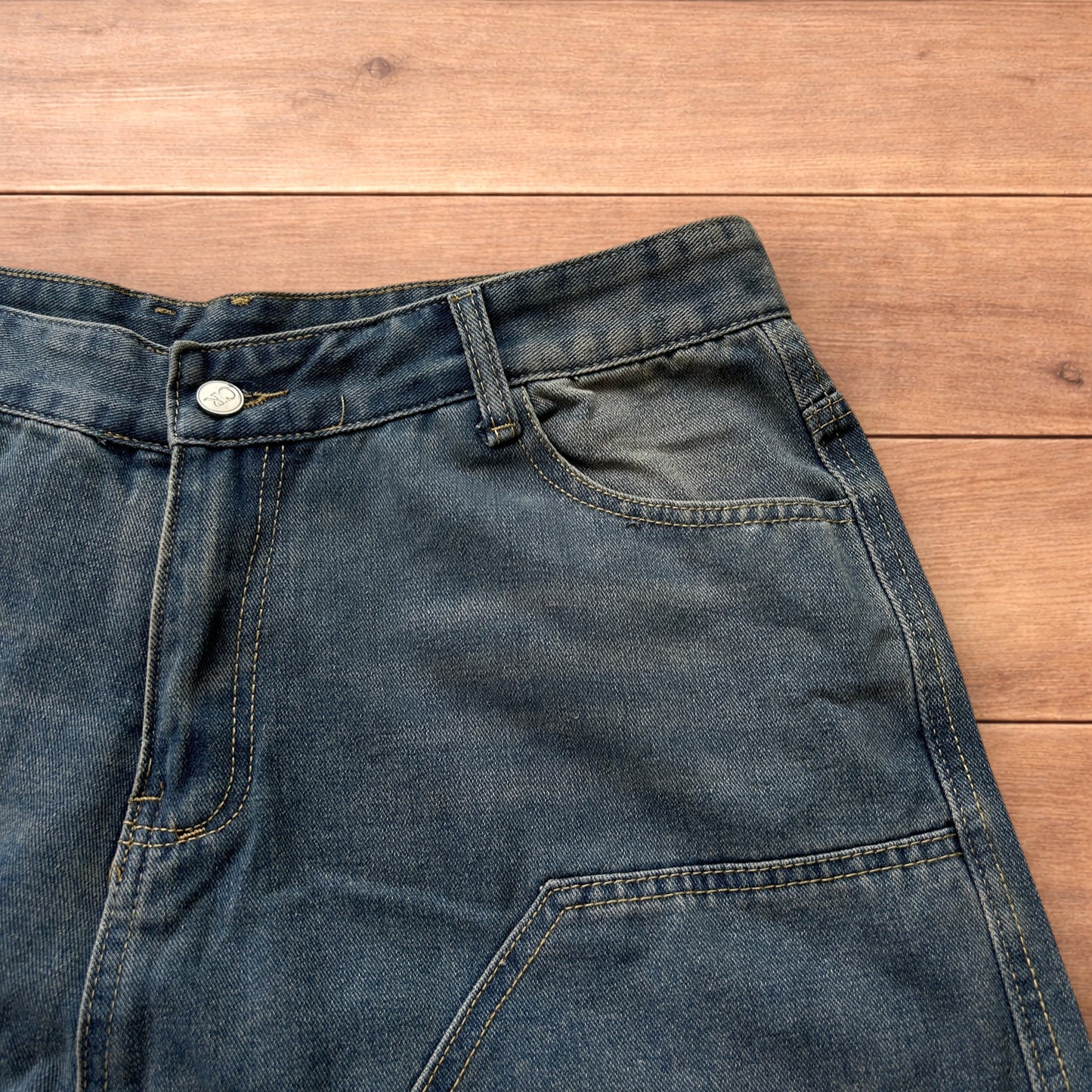 Incredible super baggy wide leg denim carpenter shorts jorts in dark blue wash.