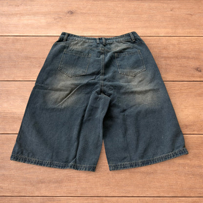 Incredible super baggy wide leg denim carpenter shorts jorts in dark blue wash.