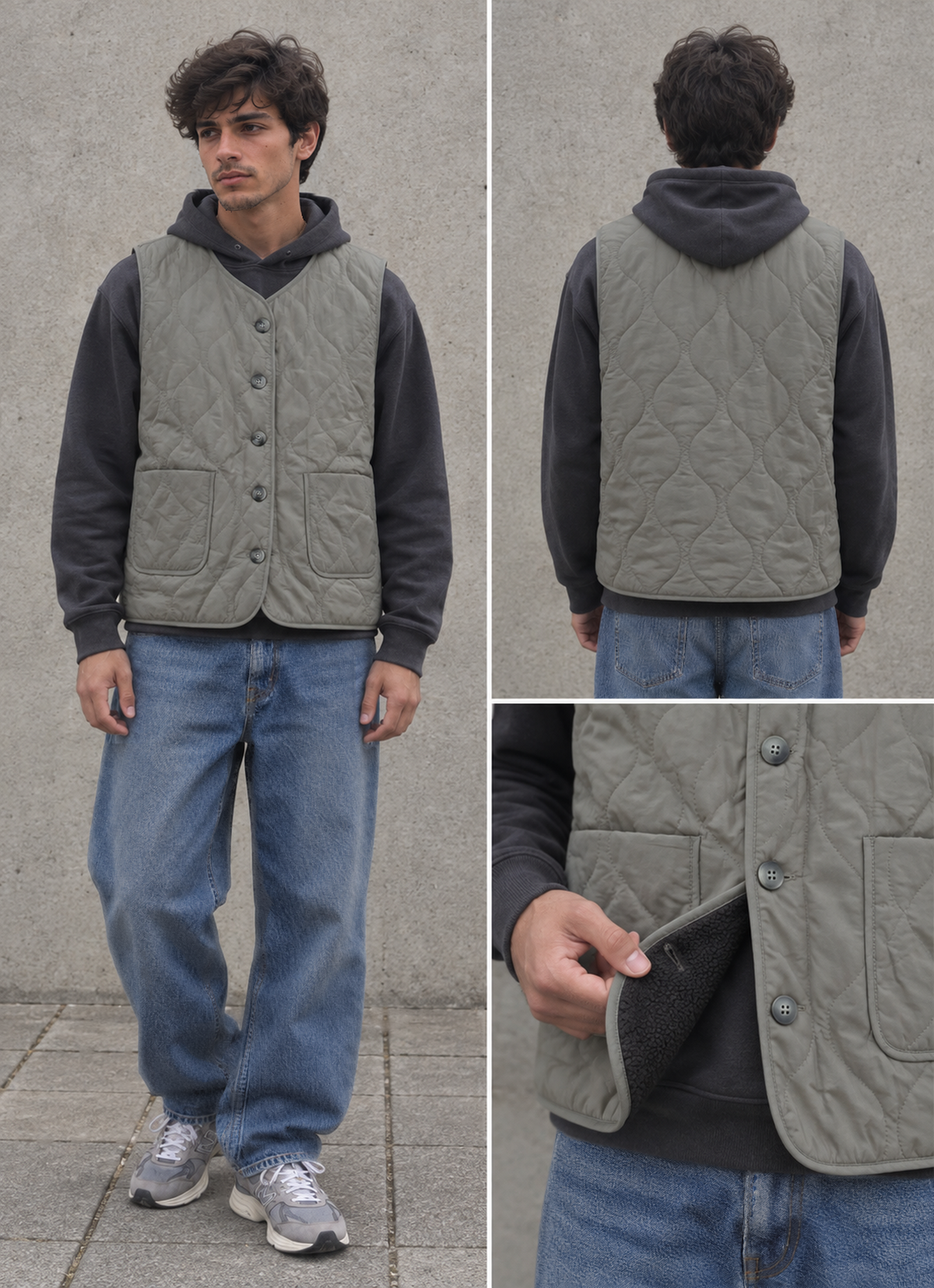 Korean military quilted gilet in khaki.
