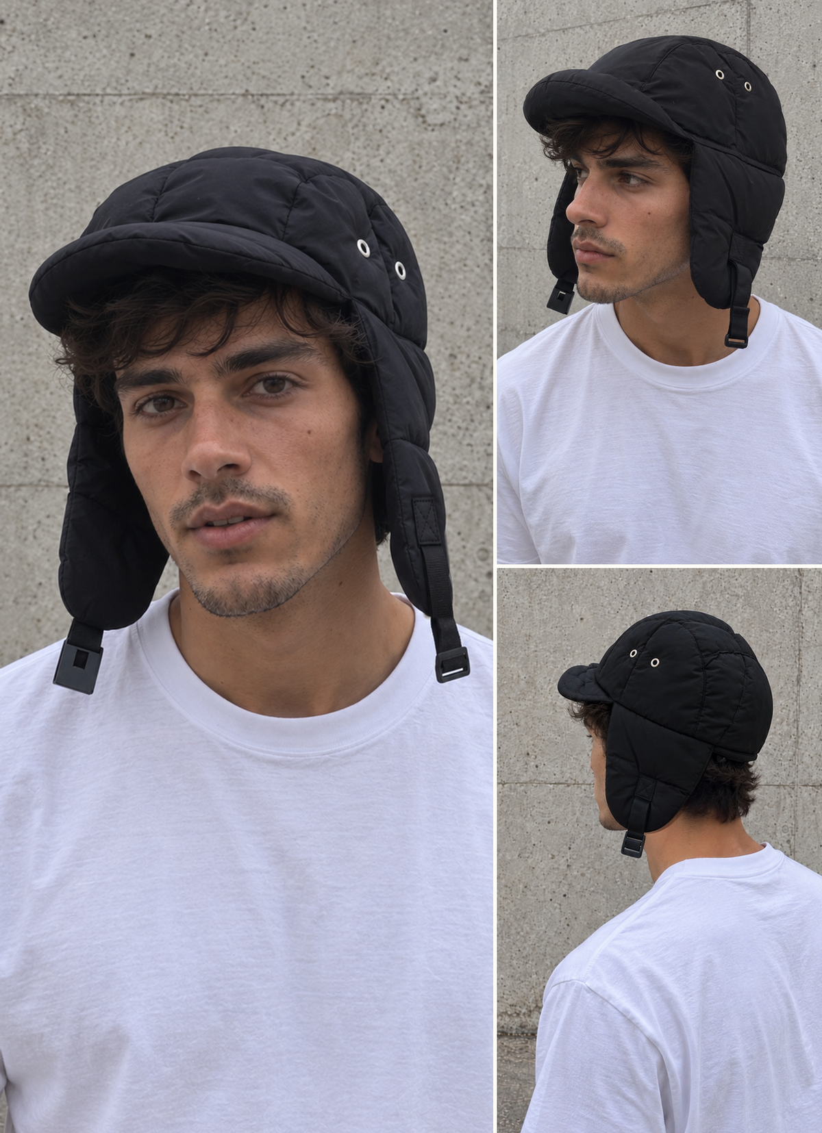 Korean style puffer padded hat in black.