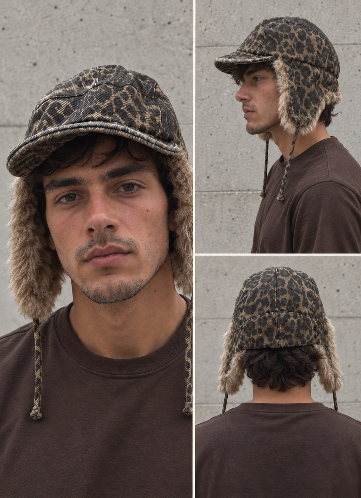 Vintage style trapper Russian ear flap hat cap in leopard print and beige.