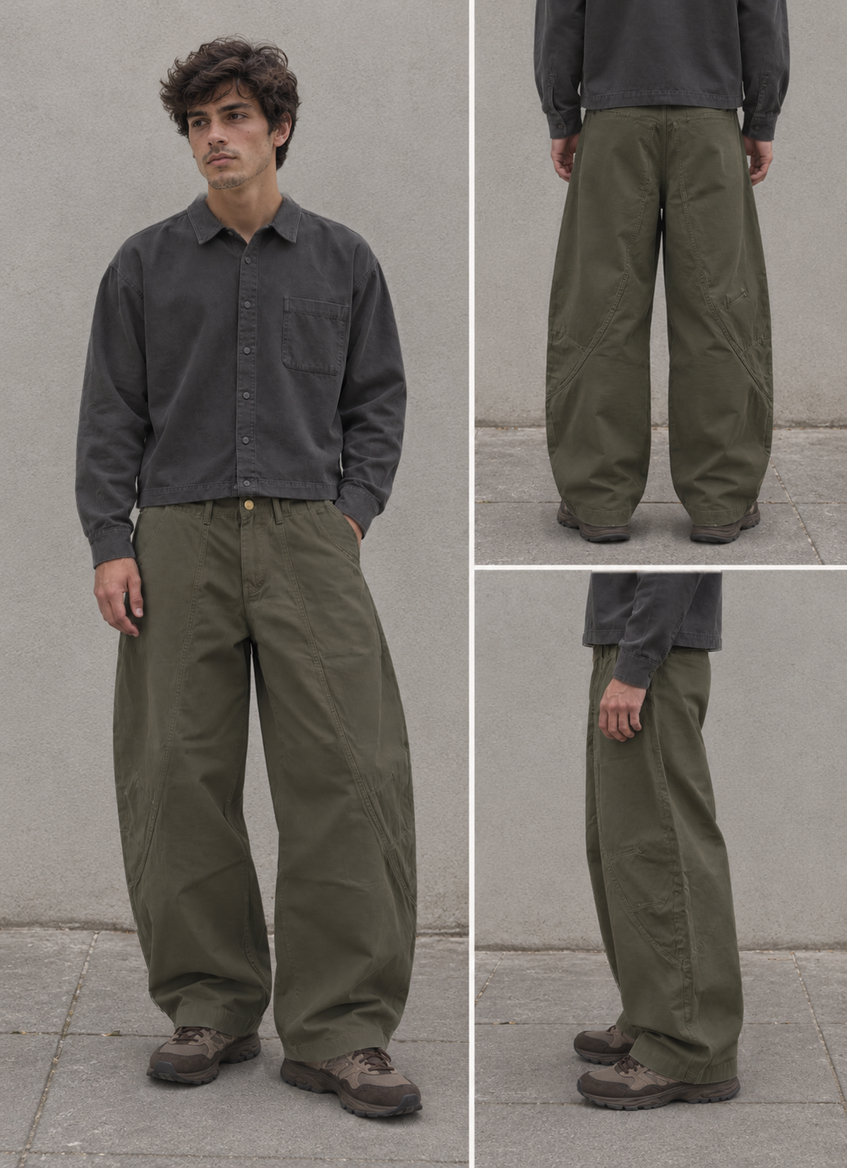 Vintage military style baggy wide leg cargo trousers in khaki green.