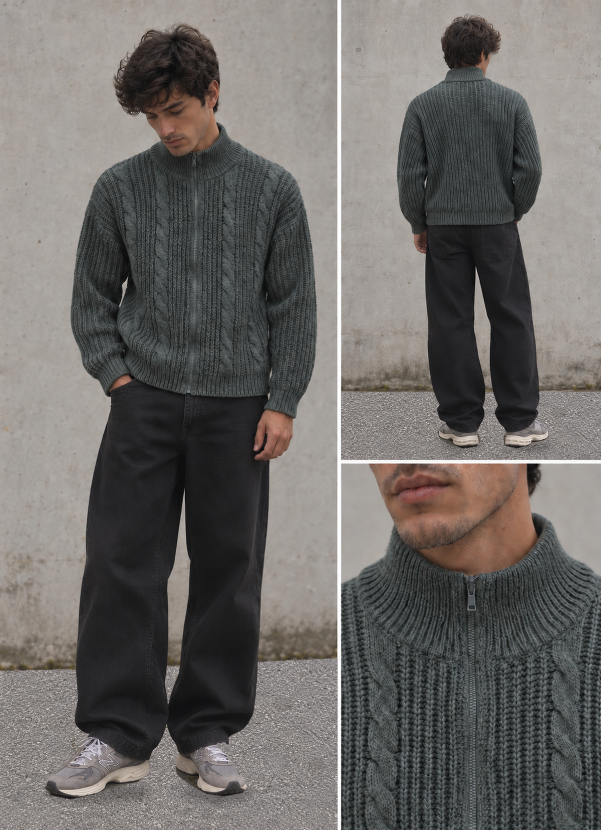 Vintage style knitted cardigan jumper in dark green.