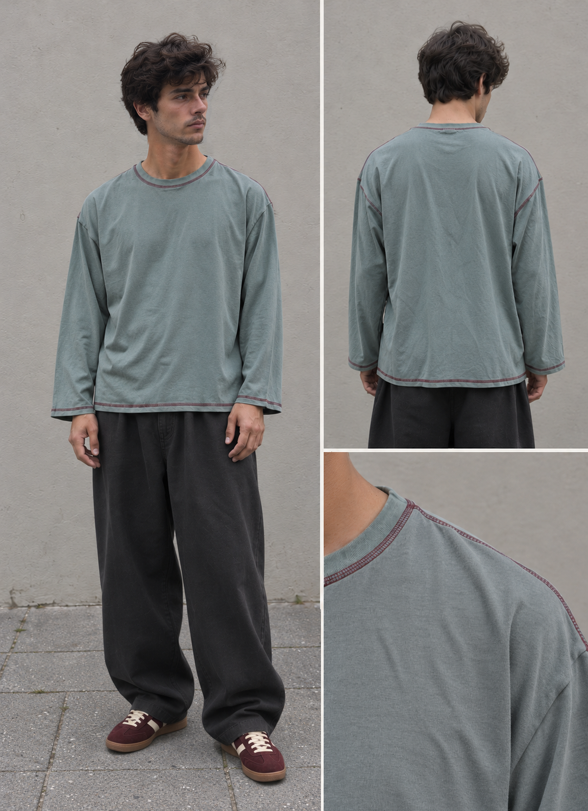 Vintage style relaxed fit long sleeve top t-shirt in teal blue.