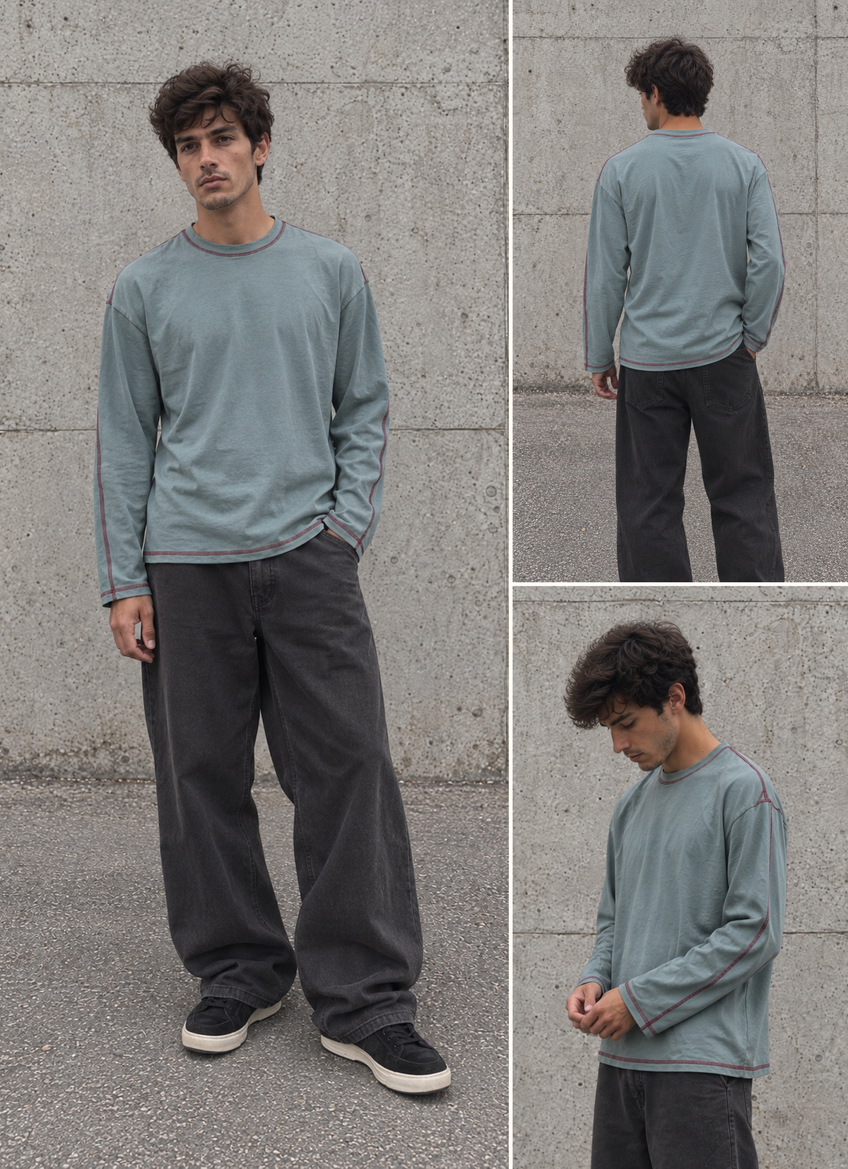 Vintage style relaxed fit long sleeve top t-shirt in teal blue.