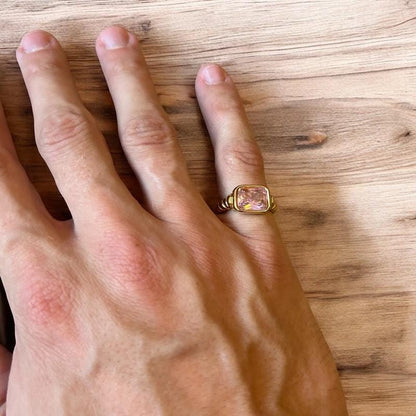 Lovely vintage style gold ring with pink gemstone. All sizes.