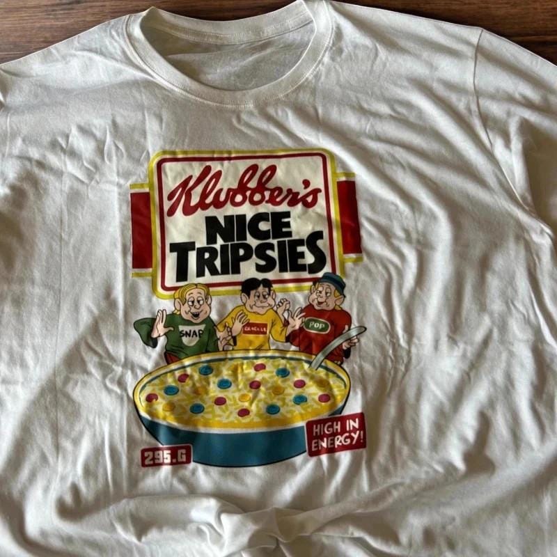 Novelty funny Nice Tripsies cereal tshirt in white with front graphic print.