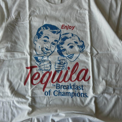 Vintage style Novelty Tequila The Breakfast of Champions tshirt in white.