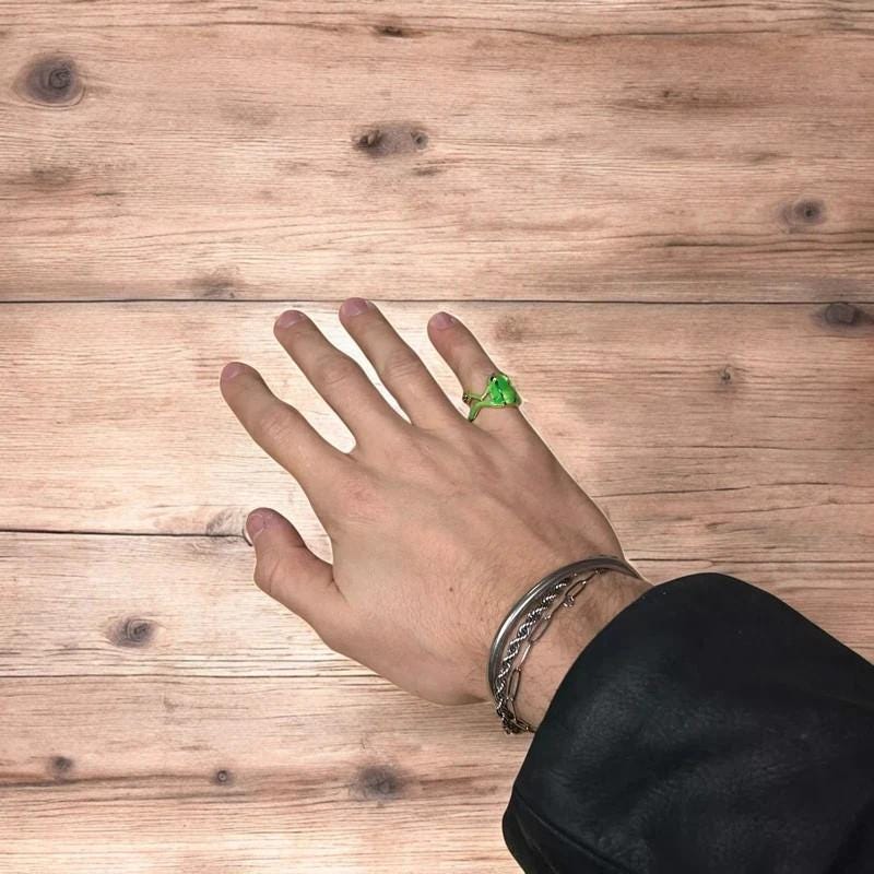 Novelty fun Frog adjustable ring in green/silver. One size.
