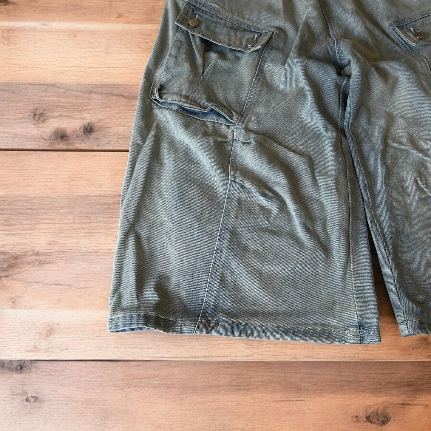 Incredible super baggy wide leg denim cargo shorts jorts in light blue wash.