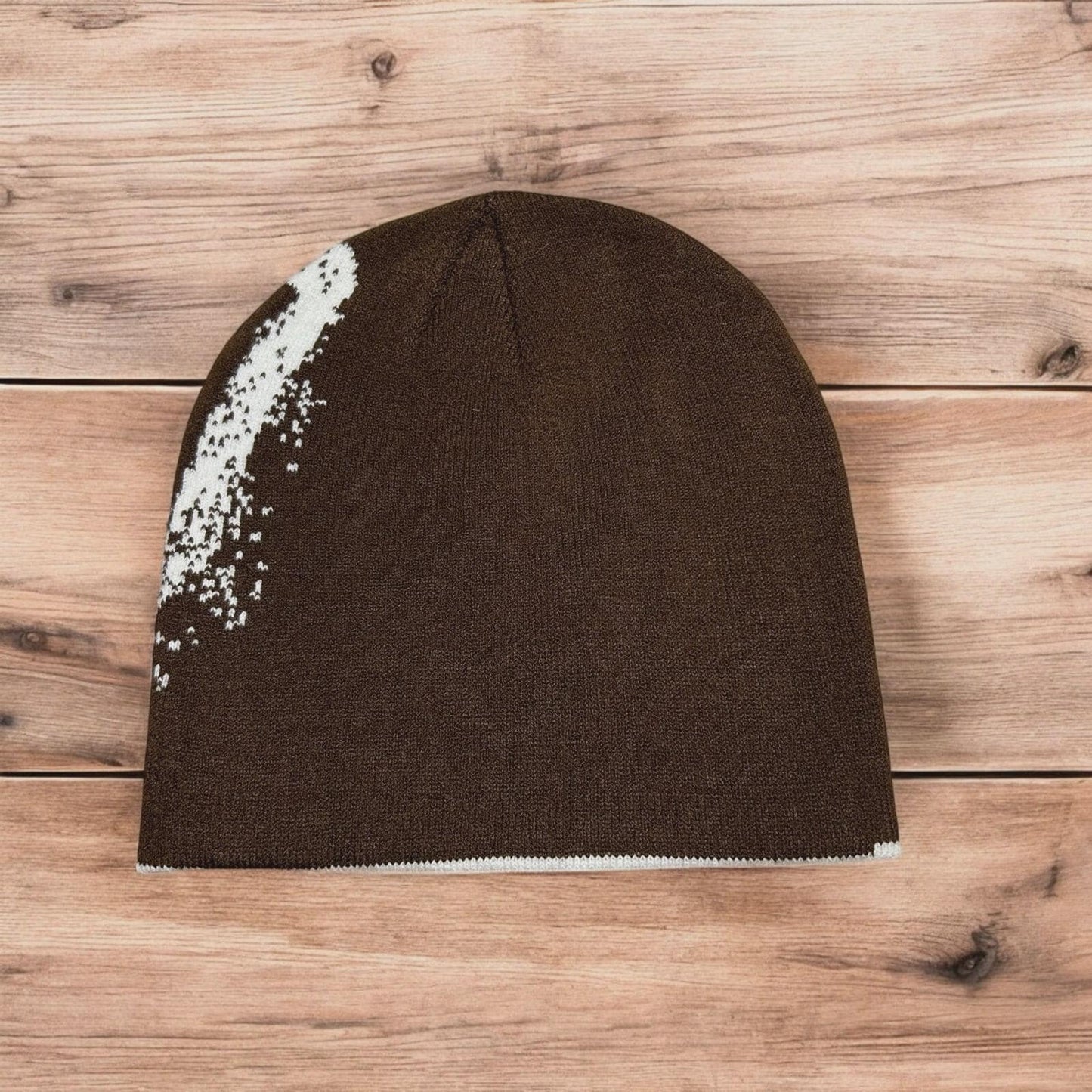 Cool Japanese vintage style beanie hat in brown with graphic design. One size.