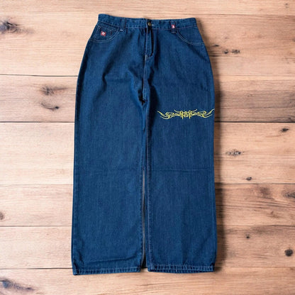 Insane baggy relaxed fit jeans in washed dark blue with embroidery.