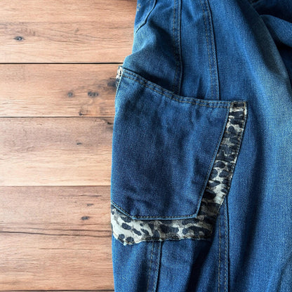 Incredible vintage style baggy wide leg skater fit jeans with leopard print in mid blue.