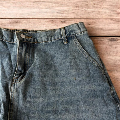 Incredible super baggy wide leg balloon fit jeans in mid blue wash.