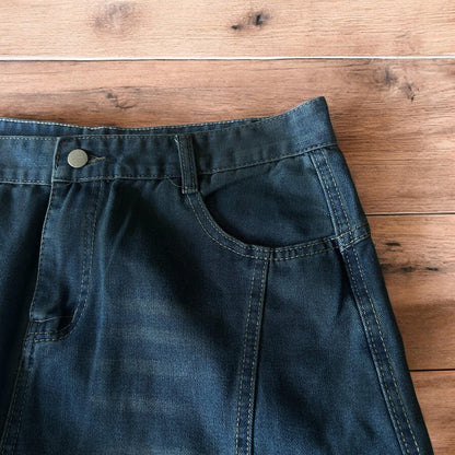 Incredible super baggy wide leg denim carpenter shorts jorts in dark blue wash.