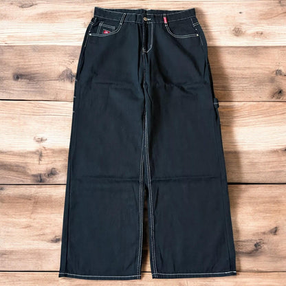 Insane baggy relaxed fit jeans washed black with red embroidery.
