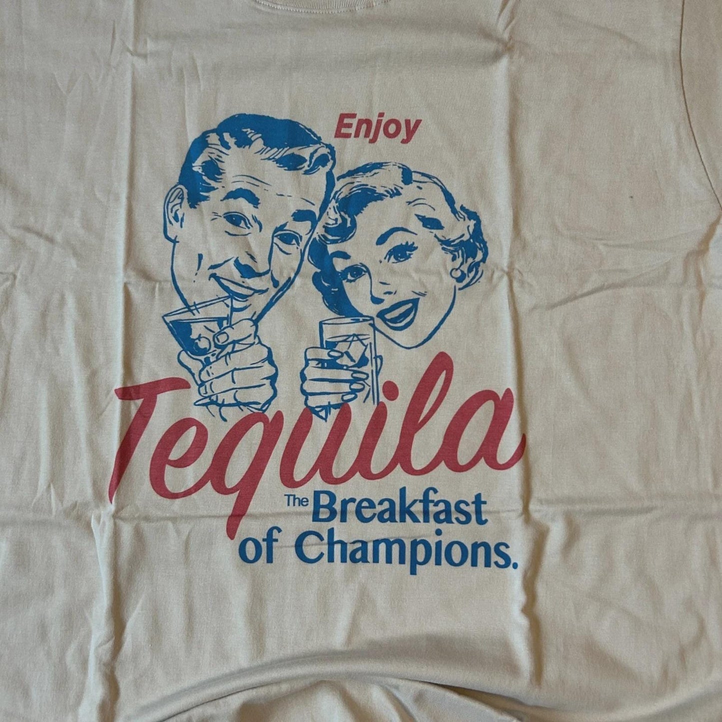 Vintage style Novelty Tequila The Breakfast of Champions tshirt in beige.