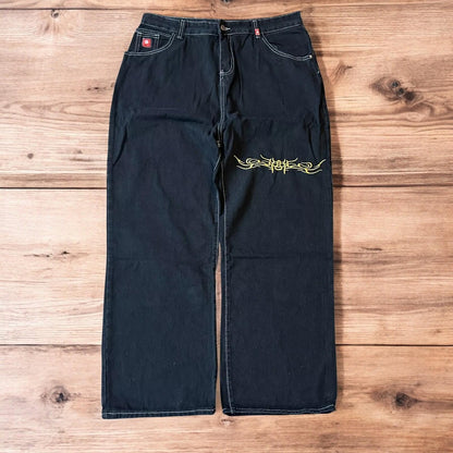Insane baggy relaxed fit jeans in washed black with embroidery.