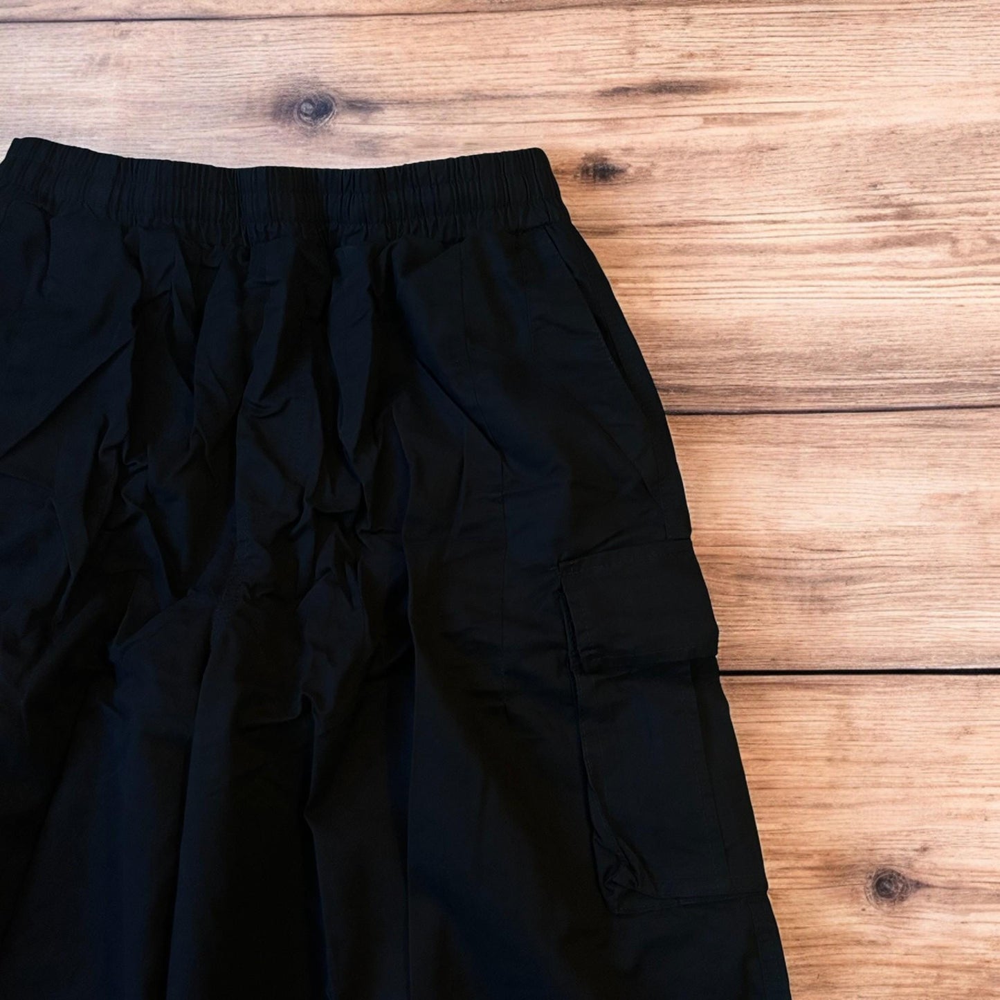 Insane super baggy wide leg Korean cargo parachute trousers in black.