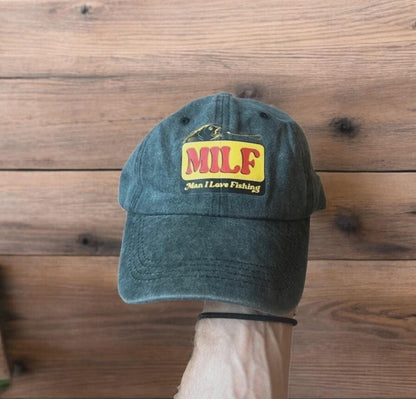 Vintage style Milf fishing cap hat in washed grey. One size fits all.