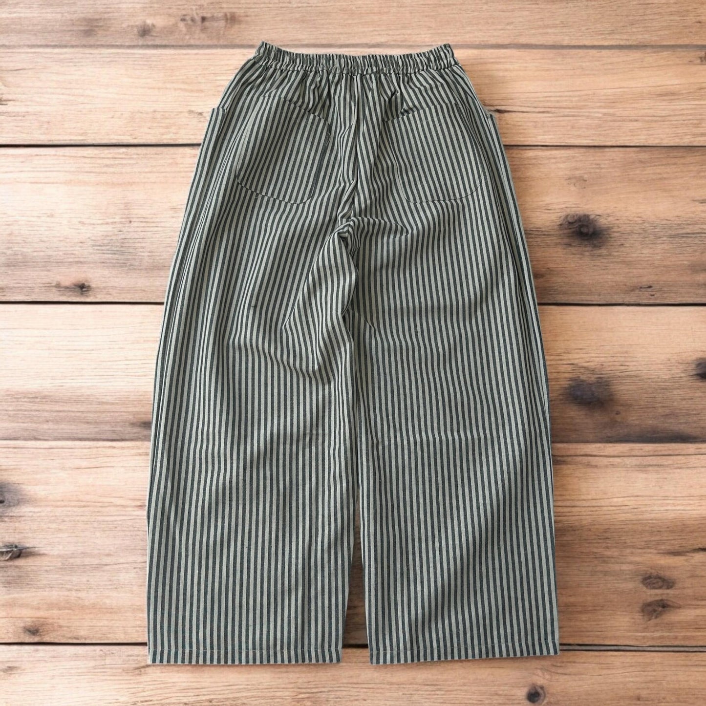 Vintage style baggy wide leg striped linen style trousers in beige/black.