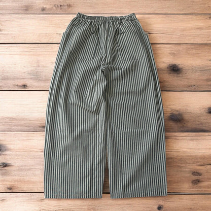 Vintage style baggy wide leg striped linen style trousers in beige/black.