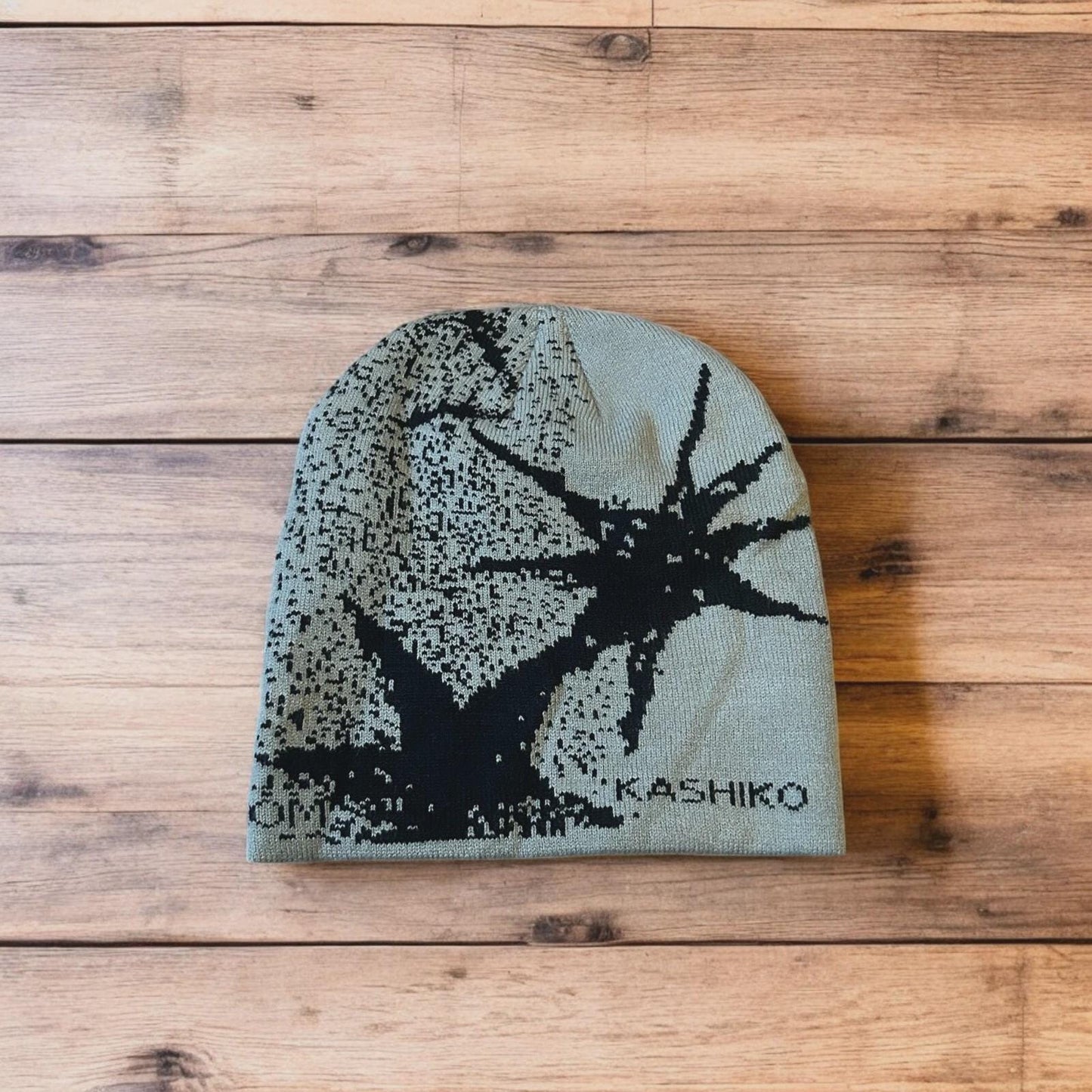 Cool Japanese vintage style beanie hat with graphic design in grey. One size.