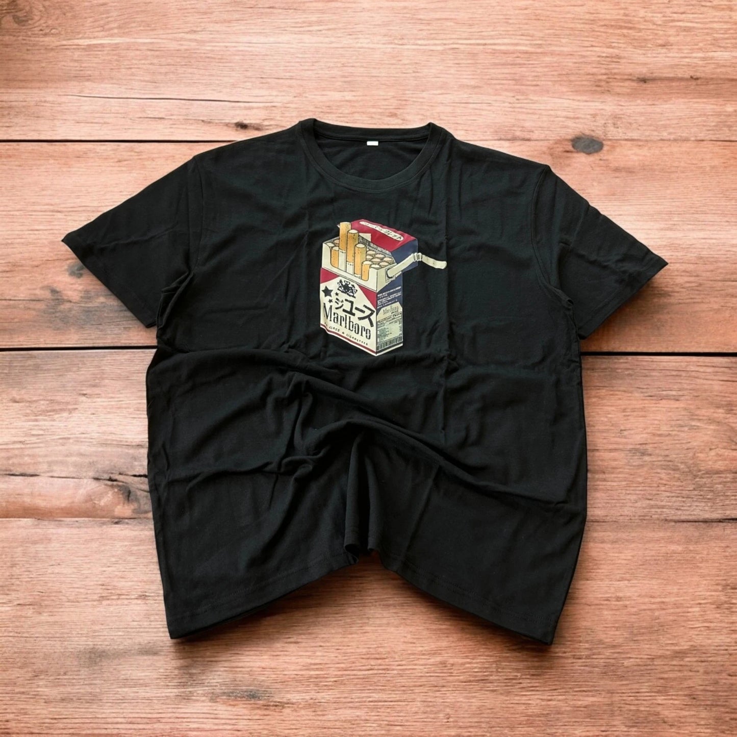 Novelty cigarettes tshirt with front graphic print in black.
